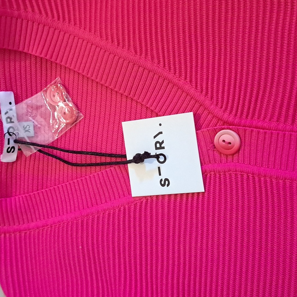 Story Pink Cropped Cardigan Puff Sleeves Striped Waist XS NWT - Picture 3 of 8